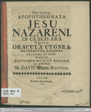 Septena apophthegmata Jesu Nazareni, in crucis ara prolata, oracula Cygnea