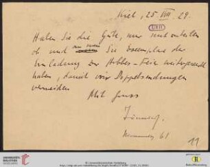 Brief von Ferdinand Tönnies an Gustav Radbruch