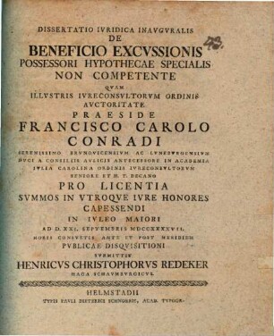 Dissertatio ivridica inavgvralis de beneficio excvssionis possessori hypothecae specialis non competente