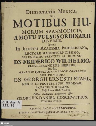 Dissertatio Medica, De Motibus Humorum Spasmodicis, A Motu Pulsus Ordinarii Diversis