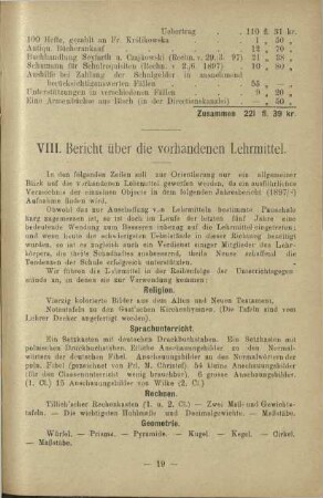 VIII: Bericht über die vorhandenen Lehrmittel