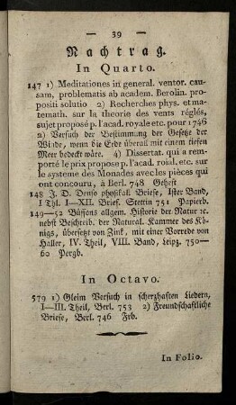 In Quarto. - In Octavo. - In Folio. - In Quarto. - In Octavo.