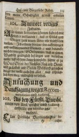 Ansuchung und Dancksagung wegen Recommendation und Audientz. 102. - 113.
