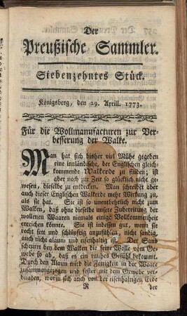 Siebenzehntes Stück. Königsberg, den 29. April 1773.