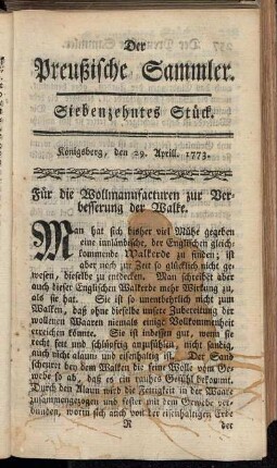 Siebenzehntes Stück. Königsberg, den 29. April 1773.