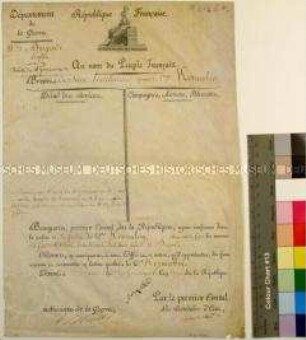 Offzierspatent für einen Unterleutnant, unterzeichnet vom Kriegsminister Alexandre Berthier und dem Staatssekretär Maret Paris, 16. Germinal an 11, mit Siegel