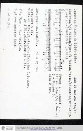 Sinfonia / a / 2 Clarin / Tymp. / 2 Violin / Viola / e / Cembalo / Christoph Graupner. / [Incipit]