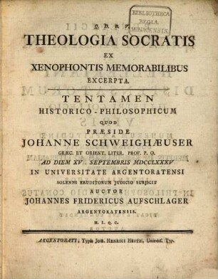 Theologia Socratis Ex Xenophontis Memorabilibus Excerpta