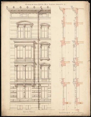 Wohnhaus Gebr. Klein, Berlin-Tiergarten: Teilansicht und 2 Fassadenschnitte vertikal 1:33,33