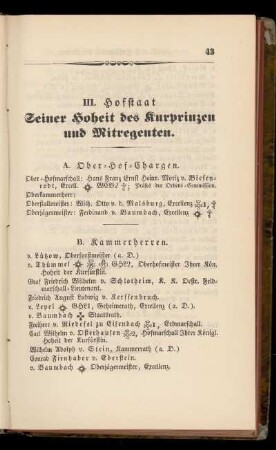 III. Hofstaat Seiner Hoheit des Kurprinzen und Mitregenten.