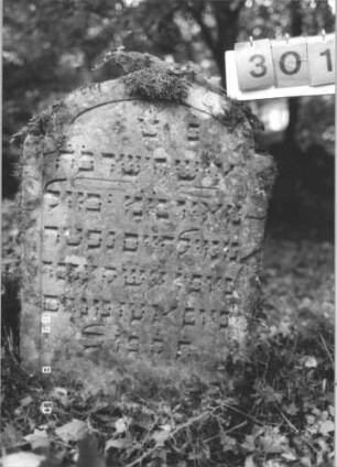 Grabstein 301 (Index: 99799823) Material: Sandstein Zustand: verwittert Maße HxBxT: 88x58x10 cm Beschreibung: Stele, eingezogener Korbbogenabschluß, Schriftfeld eingetieft: Grabstein 301