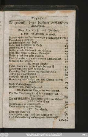 Verzeichniß derer darinne enthaltenen Andachten.