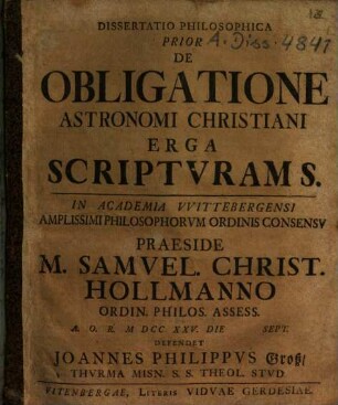 Dissertatio philosophica prior de obligatione astronomi christiani erga Scripturam Sacram