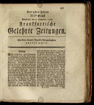XCItes Stück Dienstags, den 14. November, 1769 - Ctes Stück Dienstags, den 15. December, 1769.