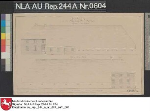Seitenansichten vom Platzgebäude der Domäne Klein-Heiselhusen bei CAMPEN Kolorierte Zeichnung von H. Balke Papier Format 44,2x27,0 M 1:161