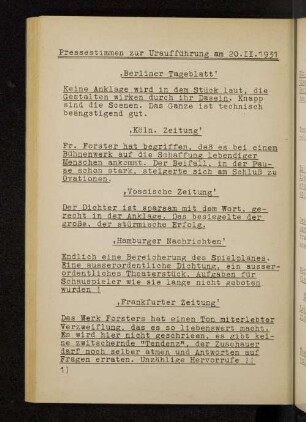 Pressestimmen zur Uraufführung am 20.11.1931