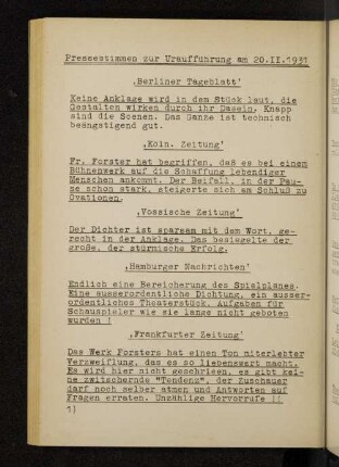 Pressestimmen zur Uraufführung am 20.11.1931