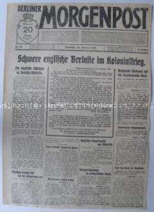 Tageszeitung "Berliner Morgenpost" u.a. zu den britischen Verlusten im Kolonialkrieg