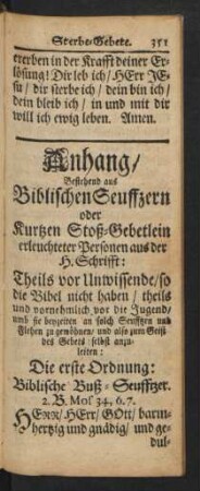 Anhang/Bestehend aus Biblischen Seuffzern oder kurtzen Stoß-Gebetlein ...