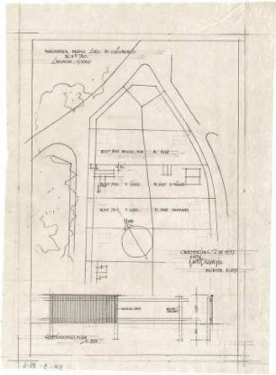 Gsaenger, Gustav; Grünwald bei München (Bayern), Herrenwiesstr.; Landhaus Franz Lurz - Entwurf (Lageplan), Einfriedung (Grundriss, Schnitt)