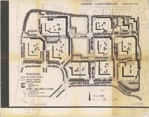 Hansjakob, Gottfried; Augsburg - Universitätsviertel; Neue Universität und Wohnbebauung Universitätsviertel, Außenanlagen, Freiflächengestaltung - Flugplatzbebauung, Grünstruktur, 1. BA Wohnen (Grundriss)