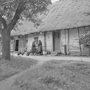 Strohgedecktes Blockhaus in Burg-Kauper. Nowicks Gehöft. : Ze słomu skryte kładźity twar Nowickec statoka w Kupaŕskich Bórkowach.