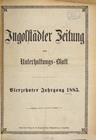Ingolstädter Zeitung. 1885,1/4 = Jg. 14