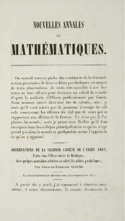 Observations de la seconde comète de l'année 1813, Faites dans l'Observatoire de Gottingue [...]