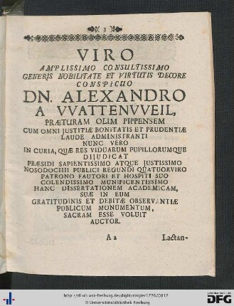 Viro Amplissimo Consultissimo ... Dn. Alexandro A Wattenweil ...