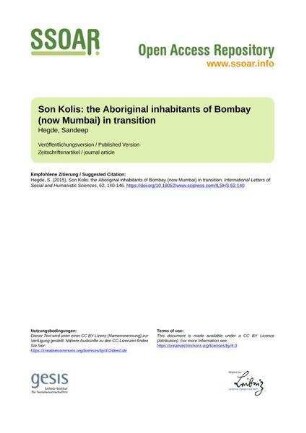 Son Kolis: the Aboriginal inhabitants of Bombay (now Mumbai) in transition