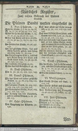 Nützliches Register, Zum rechten Gebrauch des Psalters dienlich