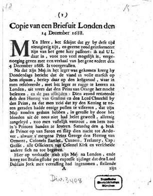Copie van een Brief uit Londen den 14 December 1688