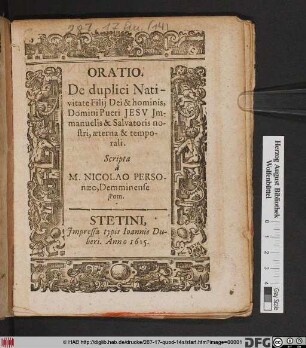 Oratio, De duplici Nativitate Filii Dei & hominis, Domini Pueri Jesu Immanuelis & Salvatoris nostri, aeterna & temporali