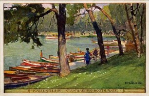Postkartenalbum mit Motiven von Karlsruhe. "Karlsruhe. Stadtgarten, Bootslände". Bootsanlegestelle am Stadtgartensee