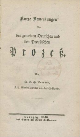Kurze Bemerkungen über den gemeinen Deutschen und den Preußischen Prozeß