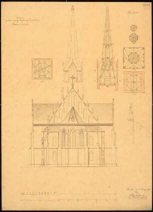Evangelische Kirche, Festenberg: Aufriss der Chorseite, Teilschnitt und fünf Grundrisse des Turmes, Maßstabsleiste