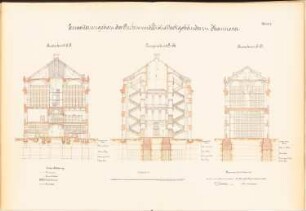 Archiv- und Bibliotheksgebäude, Hannover: 2 Querschnitte, Längsschnitt 1:100
