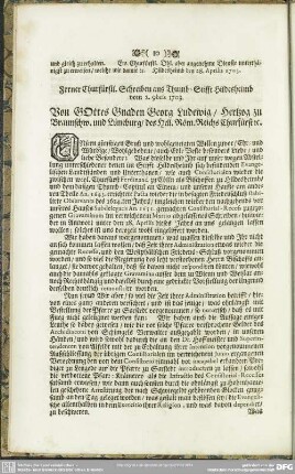 Ferner Churfürstl. Schreiben aus Thumb-Stifft Hildesheimb vom 2. 9bris 1703