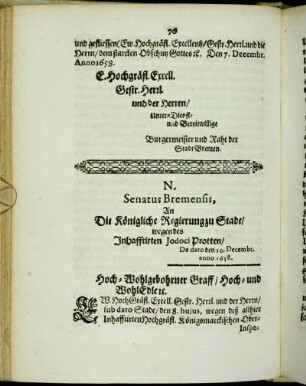 N. Senatus Bremensis, An die Königliche Regierung zu Stade/ wegen des Inhafftirten Jodoci Protten/ [...]