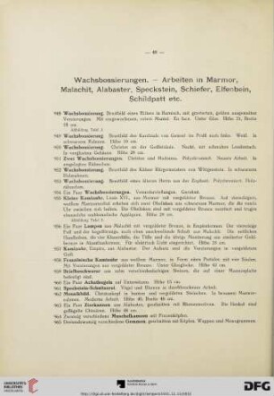 Wachsbossierungen. – Arbeiten in Marmor, Malachit, Alabaster, Speckstein, Schiefer, Elfenbein, Schildpatt etc. (Nr. 948-978)