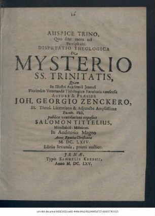 Disputatio Theologica De Mysterio SS. Trinitatis