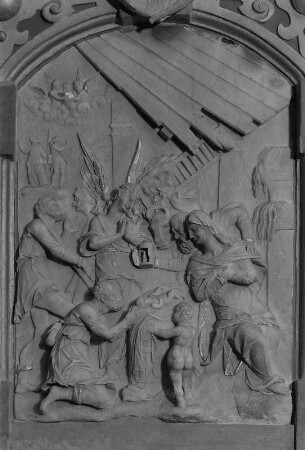 Stralsund. St.-Nikolai-Kirche, Kanzel, Relief der Brüstung, Anbetung