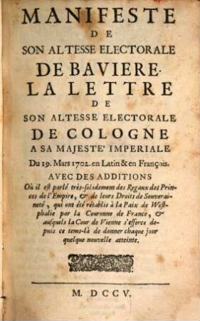 Manifeste De Son Altesse Electorale de Bavière