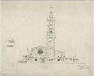 Gsaenger, Gustav; Dingolfing (Bayern), Reichenbergstr.; Ev. Kirche, Gemeindehaus und Pfarrhaus - Tekturplan u. 2. Bauabschnitt, Westseite (Ansicht)