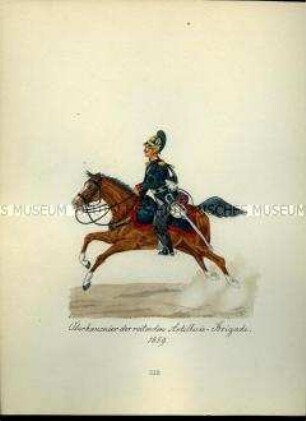 Uniformdarstellung, Oberkanonier der Reitenden Artillerie-Brigade zu Pferd, 1859. Aus: Sammelmappe "Sachsens Militär", Königliche Arsenalsammlung.