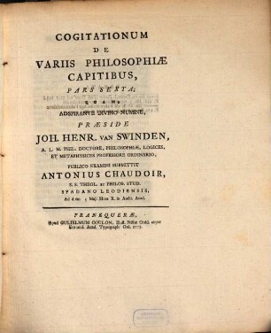 Cogitationum de variis philosophiae capitibus pars sexta