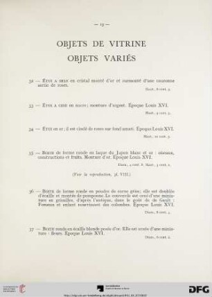 Objets de vitrine Objets variés (Nr. 32-54) avec planche VIII-IX