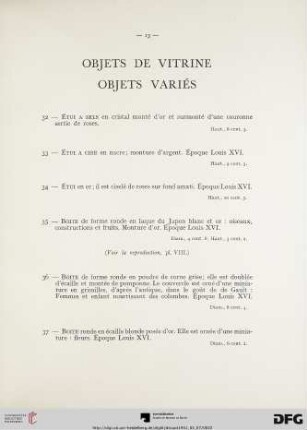 Objets de vitrine Objets variés (Nr. 32-54) avec planche VIII-IX