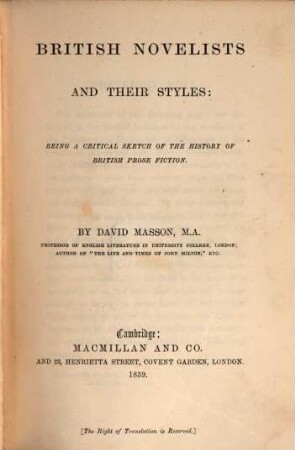 British Novellists and their styles: being a critical sketch of the history of British prose fiction
