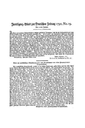Intelligenz-Blatt zur Deutschen Zeitung 1790. No. 19